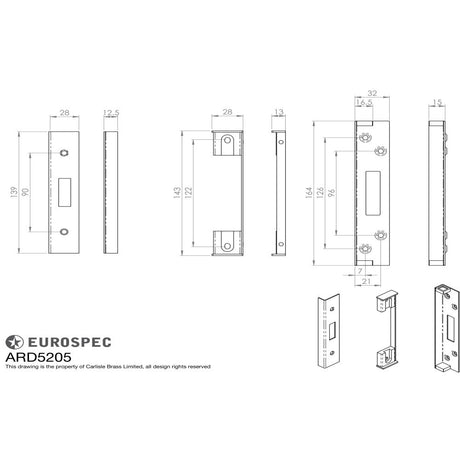 This image is a line drwaing of a Eurospec - Easi-T Rebate Set Deadlock 13mm available to order from Trade Door Handles in Kendal