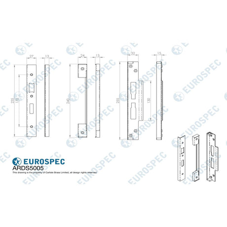 This image is a line drwaing of a Eurospec - Rebate Set Architectural Din Locks - Satin Stainless Steel available to order from Trade Door Handles in Kendal
