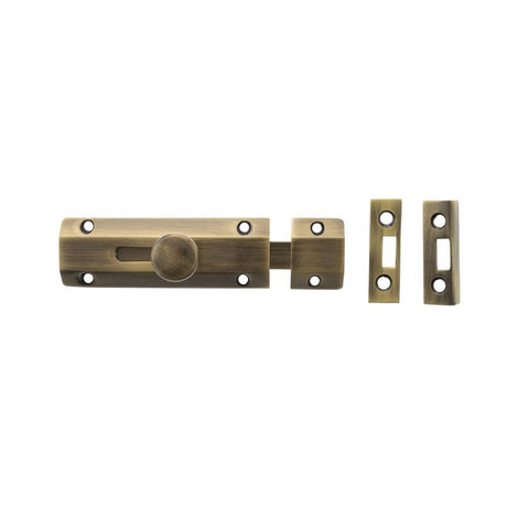 This is an image of Atlantic Solid Brass Surface Door Bolt 4" - Ant. Brass available to order from Trade Door Handles.
