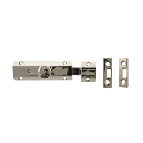This is an image of Atlantic Solid Brass Surface Door Bolt 4" - Pol. Nickel available to order from Trade Door Handles.