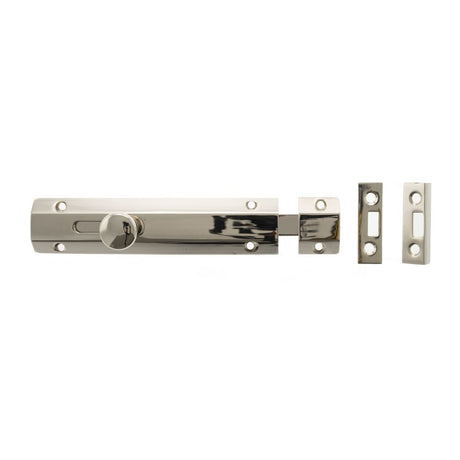 This is an image of Atlantic Solid Brass Surface Door Bolt 6" - Pol. Nickel available to order from Trade Door Handles.