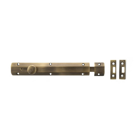 This is an image of Atlantic Solid Brass Surface Door Bolt 8" - Ant. Brass available to order from Trade Door Handles.