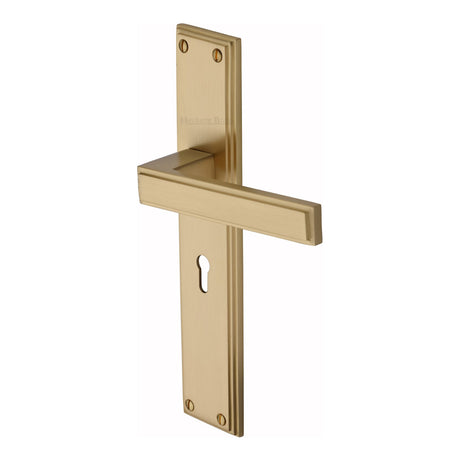 This is an image of a Heritage Brass - Atlantis Long Lever Lock Satin Brass finish, atl6700-sb that is available to order from Trade Door Handles in Kendal.