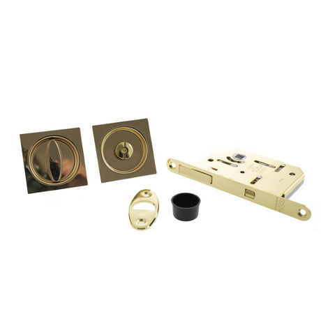 This is an image of AGB Sliding Door Bathroom Lock Set with Square Flush Handle - Polished Brass available to order from Trade Door Handles.