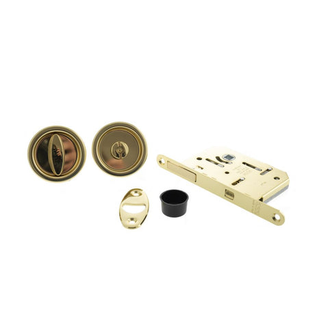 This is an image of AGB Sliding Door Bathroom Lock Set with Round Flush Handle - Polished Brass available to order from Trade Door Handles.