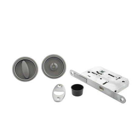 This is an image of AGB Sliding Door Bathroom Lock Set with Round Flush Handle - Satin Chrome available to order from Trade Door Handles.