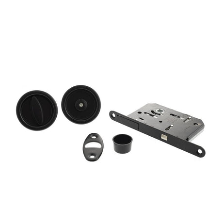 This is an image of AGB Sliding Door Bathroom Lock Set with Round Flush Handle - Matt Black available to order from Trade Door Handles.