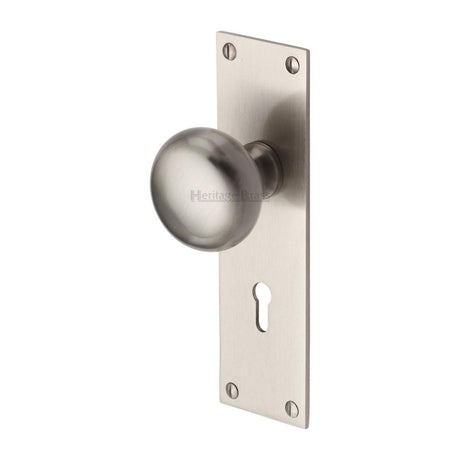 This is an image of a Heritage Brass - Mortice Knob on Lock Plate Balmoral Design Satin Nickel Finish, bal8500-sn that is available to order from Trade Door Handles in Kendal.