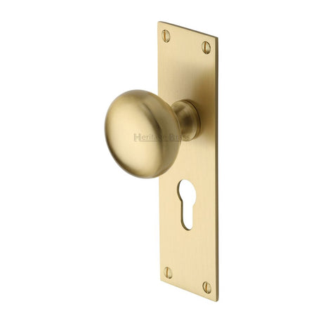 This is an image of a Heritage Brass - Mortice Knob on Euro Profile Plate Balmoral Design Satin Brass F, bal8548-sb that is available to order from Trade Door Handles in Kendal.