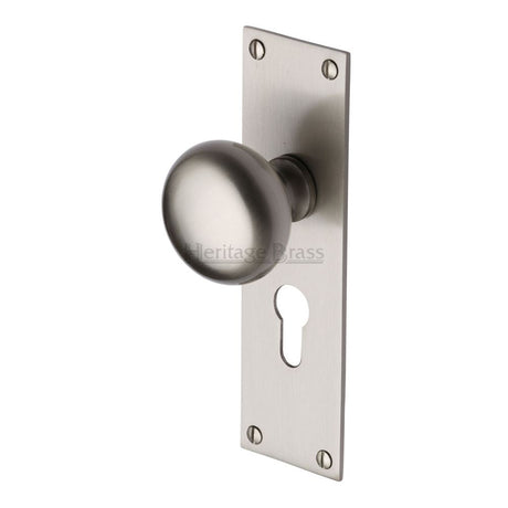 This is an image of a Heritage Brass - Mortice Knob on Euro Profile Plate Balmoral Design Satin Nickel, bal8548-sn that is available to order from Trade Door Handles in Kendal.