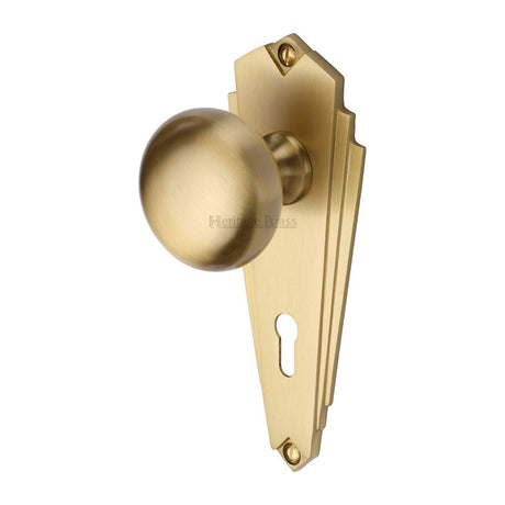 This is an image of a Heritage Brass - Mortice Knob on Lock Plate Broadway Design Satin Brass Finish, br1800-sb that is available to order from Trade Door Handles in Kendal.