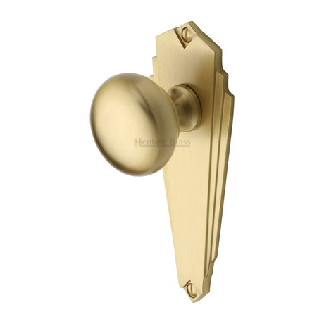 This is an image of a Heritage Brass - Mortice Knob on Latch Plate Broadway Design Satin Brass Finish, br1810-sb that is available to order from Trade Door Handles in Kendal.