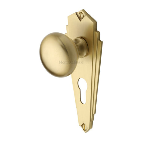 This is an image of a Heritage Brass - Mortice Knob on Euro Profile Plate Broadway Design Satin Brass F, br1848-sb that is available to order from Trade Door Handles in Kendal.