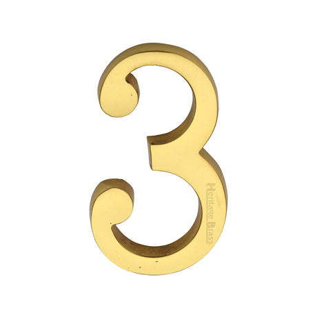 This is an image of a Heritage Brass - Numeral 3 Concealed Fix 76mm (3") Polished Brass finish, c1564-3-pb that is available to order from Trade Door Handles in Kendal.