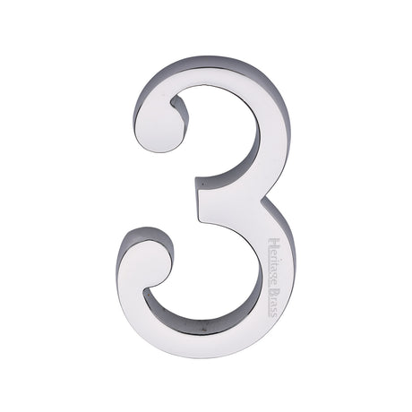 This is an image of a Heritage Brass - Numeral 3 Concealed Fix 76mm (3") Polished Chrome finish, c1564-3-pc that is available to order from Trade Door Handles in Kendal.
