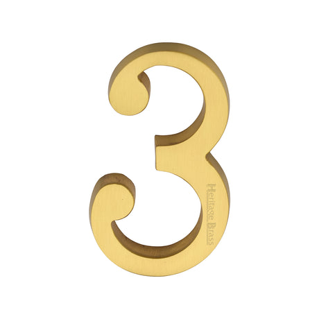 This is an image of a Heritage Brass - Numeral 3 Concealed Fix 76mm (3") Satin Brass finish, c1564-3-sb that is available to order from Trade Door Handles in Kendal.