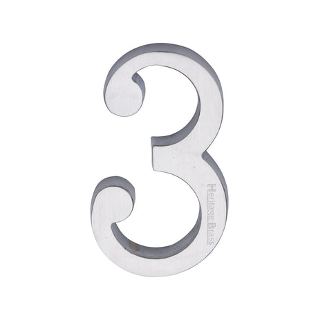 This is an image of a Heritage Brass - Numeral 3 Concealed Fix 76mm (3") Satin Chrome finish, c1564-3-sc that is available to order from Trade Door Handles in Kendal.