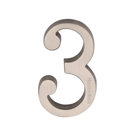 This is an image of a Heritage Brass - Numeral 3 Concealed Fix 76mm (3") Satin Nickel finish, c1564-3-sn that is available to order from Trade Door Handles in Kendal.