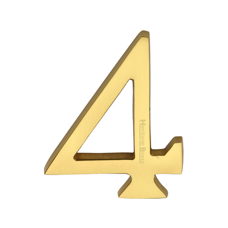 This is an image of a Heritage Brass - Numeral 4 Concealed Fix 76mm (3") Polished Brass finish, c1564-4-pb that is available to order from Trade Door Handles in Kendal.