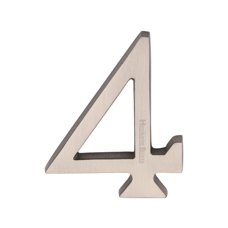 This is an image of a Heritage Brass - Numeral 4 Concealed Fix 76mm (3") Satin Nickel finish, c1564-4-sn that is available to order from Trade Door Handles in Kendal.