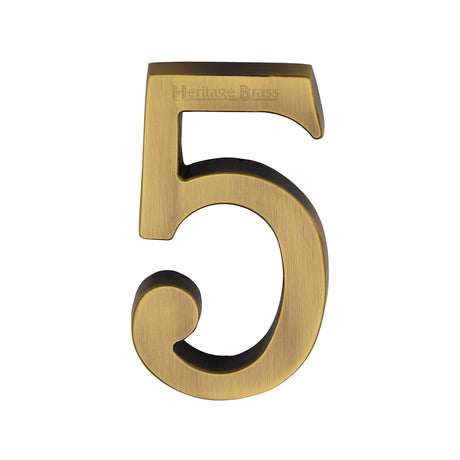 This is an image of a Heritage Brass - Numeral 5 Concealed Fix 76mm (3") Antique Brass finish, c1564-5-at that is available to order from Trade Door Handles in Kendal.