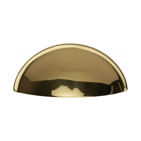 This is an image of a Heritage Brass - Drawer Cup Pull Half Moon Design 57mm CTC Polished Brass Finish, c2760-pb that is available to order from Trade Door Handles in Kendal.