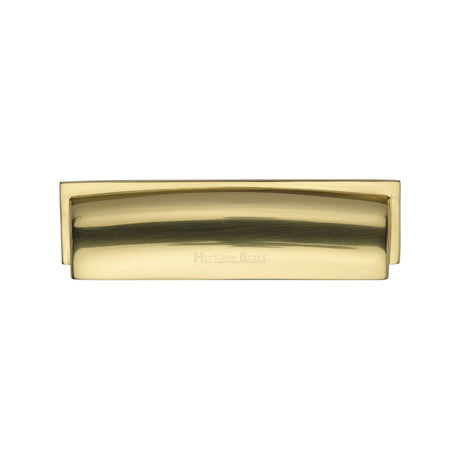 This is an image of a Heritage Brass - Drawer Cup Pull Shropshire Design 76/96mm CTC Polished Brass Finish, c2765-96-pb that is available to order from Trade Door Handles in Kendal.
