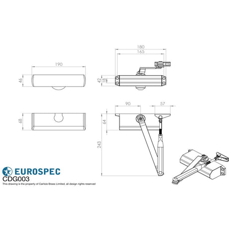 This image is a line drwaing of a Eurospec - Overhead Door Closer - Silver available to order from Trade Door Handles in Kendal
