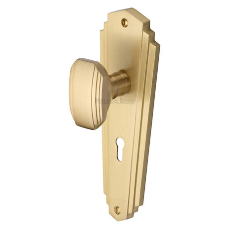 This is an image of a Heritage Brass - Mortice Knob on Lock Plate Charlston Design Satin Brass Finish, cha1900-sb that is available to order from Trade Door Handles in Kendal.