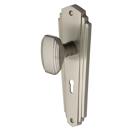 This is an image of a Heritage Brass - Mortice Knob on Lock Plate Charlston Design Satin Nickel Finish, cha1900-sn that is available to order from Trade Door Handles in Kendal.