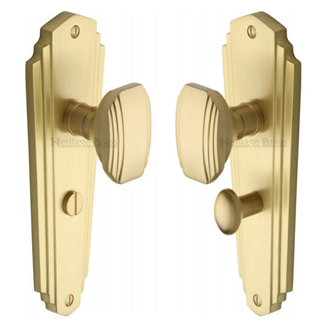 This is an image of a Heritage Brass - Mortice Knob on Bathroom Plate Charlston Design Satin Brass Fini, cha1930-sb that is available to order from Trade Door Handles in Kendal.
