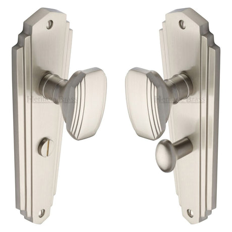 This is an image of a Heritage Brass - Mortice Knob on Bathroom Plate Charlston Design Satin Nickel Fin, cha1930-sn that is available to order from Trade Door Handles in Kendal.