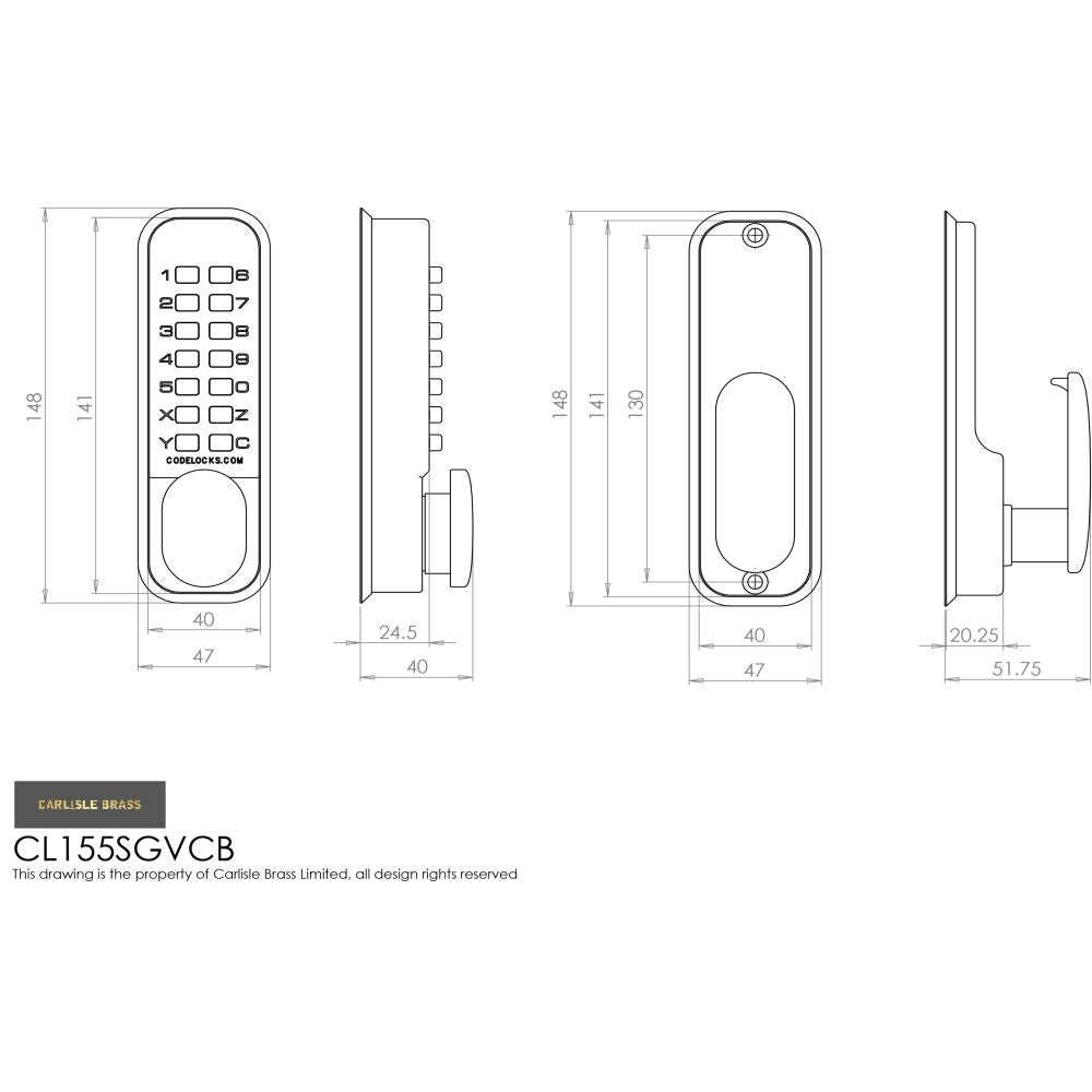 This image is a line drwaing of a Carlisle Brass - Mechanical Digital Door Lock - Silver Grey available to order from Trade Door Handles in Kendal