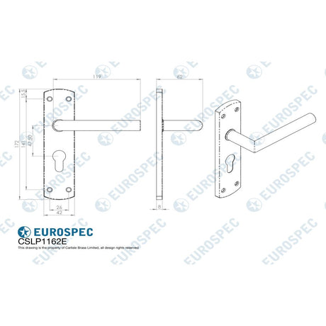 This image is a line drwaing of a Eurospec - Steelworx Residential Mitred Lever on Euro Lock Backplate - Satin Sta available to order from Trade Door Handles in Kendal