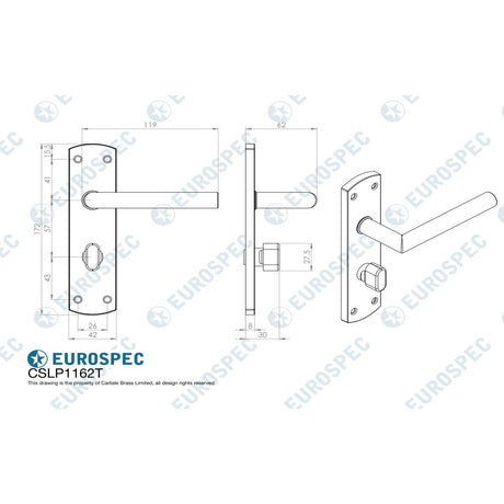 This image is a line drwaing of a Eurospec - Steelworx Residential Mitred Lever on WC Backplate - Satin Stainless available to order from Trade Door Handles in Kendal