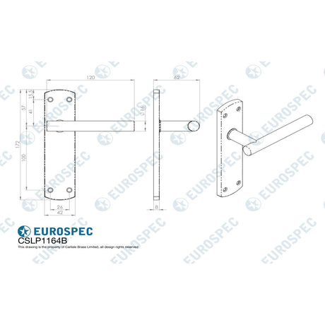 This image is a line drwaing of a Eurospec - Steelworx Residential T Bar Lever on Latch Backplate - Satin Stainles available to order from Trade Door Handles in Kendal