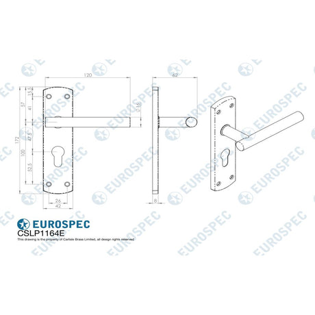 This image is a line drwaing of a Eurospec - Steelworx Residential T Bar Lever on Euro Lock Backplate - Satin Stai available to order from Trade Door Handles in Kendal