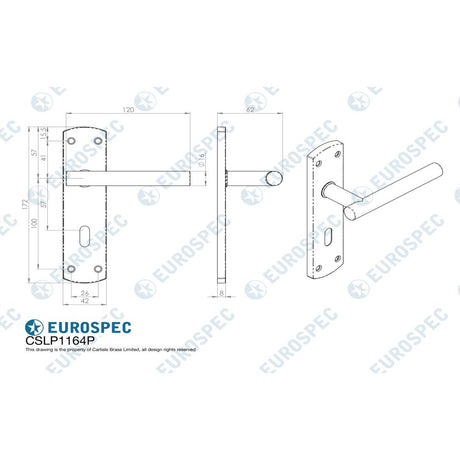 This image is a line drwaing of a Eurospec - Steelworx Residential T Bar Lever on Lock Backplate - Satin Stainless available to order from Trade Door Handles in Kendal