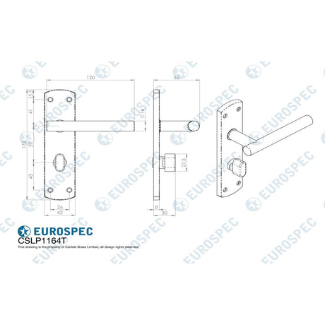 This image is a line drwaing of a Eurospec - Steelworx Residential T Bar Lever on WC Backplate - Satin Stainless S available to order from Trade Door Handles in Kendal