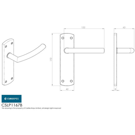 This image is a line drwaing of a Eurospec - Steelworx Residential Arched Lever on Latch Backplate - Satin Stainle available to order from Trade Door Handles in Kendal