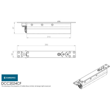 This image is a line drwaing of a Eurospec - Concealed Slim Action Closer C/W Slide Arm Size 2-4 + Pnp Arm available to order from Trade Door Handles in Kendal