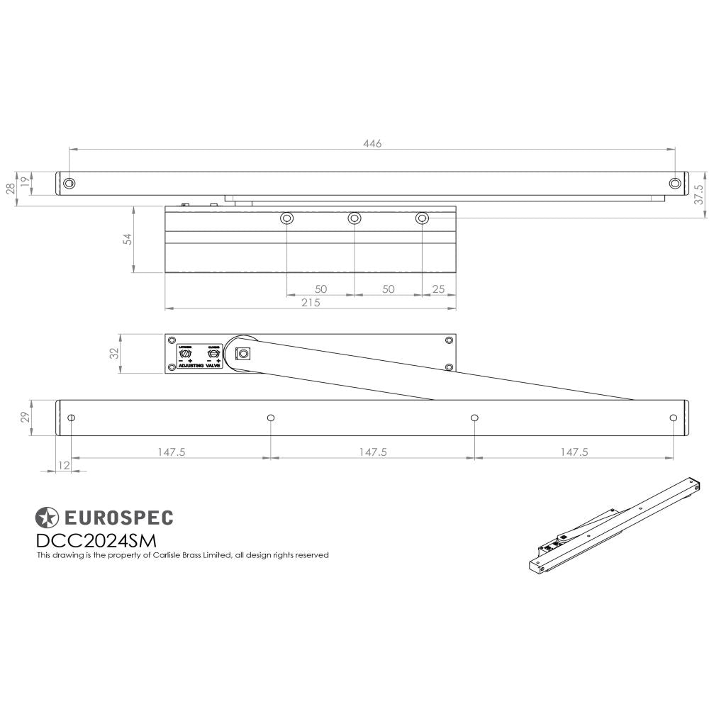 This image is a line drwaing of a Eurospec - Surface Mounted Slim Action Closer C/W Slide Arm + Sv Cover Size 2-4 available to order from Trade Door Handles in Kendal