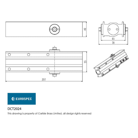 This image is a line drwaing of a Eurospec - Door Closer Template Power size 2-4 Cover Packs inc. Brackets and Fix available to order from Trade Door Handles in Kendal