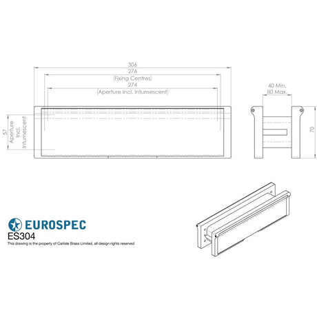 This image is a line drwaing of a Eurospec - Intumescent Letterbox Assemblies 305 x 56mm. PB - Polished Brass available to order from Trade Door Handles in Kendal