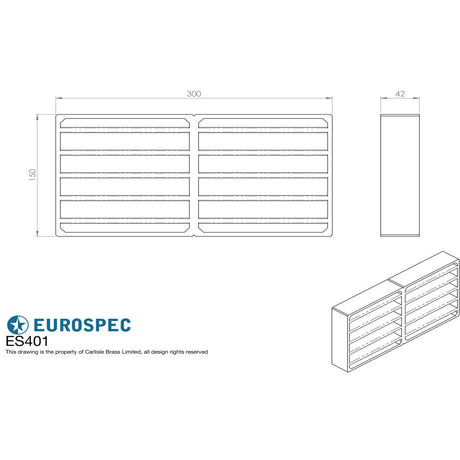 This image is a line drwaing of a Eurospec - Intumescent Air Transfer Vent Grille 150 x 300mm - Silver available to order from Trade Door Handles in Kendal