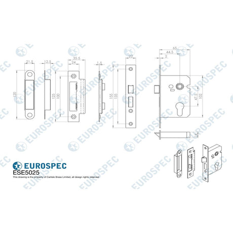 This image is a line drwaing of a Eurospec - Easi-T Economy Euro Profile Sashlock 64mm - Satin Nickel available to order from Trade Door Handles in Kendal