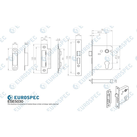 This image is a line drwaing of a Eurospec - Easi-T Economy Euro Profile Sashlock 76mm - Satin Nickel available to order from Trade Door Handles in Kendal