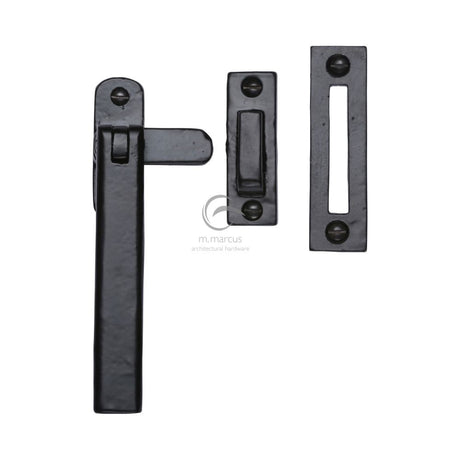 This is an image of a M.Marcus - Black Iron Rustic Weather Stripped Casement Window Fastener, fb684-mp-hp that is available to order from Trade Door Handles in Kendal.