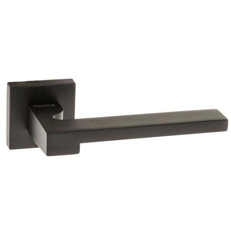 This is an image of Forme Ginevra Designer Lever on Minimal Square Rose - Matt Black available to order from Trade Door Handles.