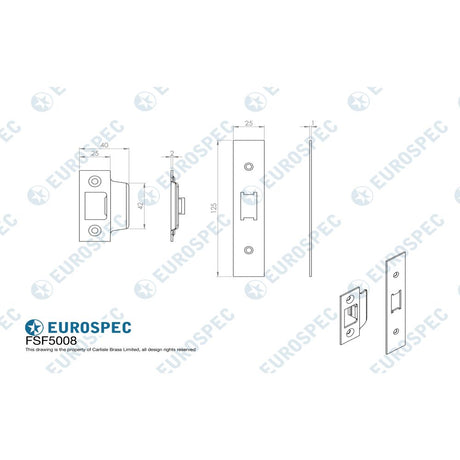 This image is a line drwaing of a Eurospec - Forend Strike & Fixing Pack To Suit Flat Latch FLL5030-PVD-Square For available to order from Trade Door Handles in Kendal